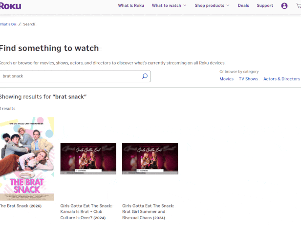 Roku search result showing The Brat Snack